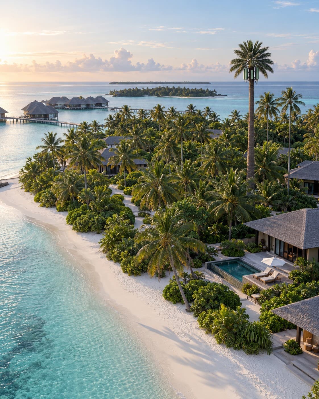 Illustrative render of a Maldivian resort island with a telecom tower disguised as a tall palm tree among the real palms