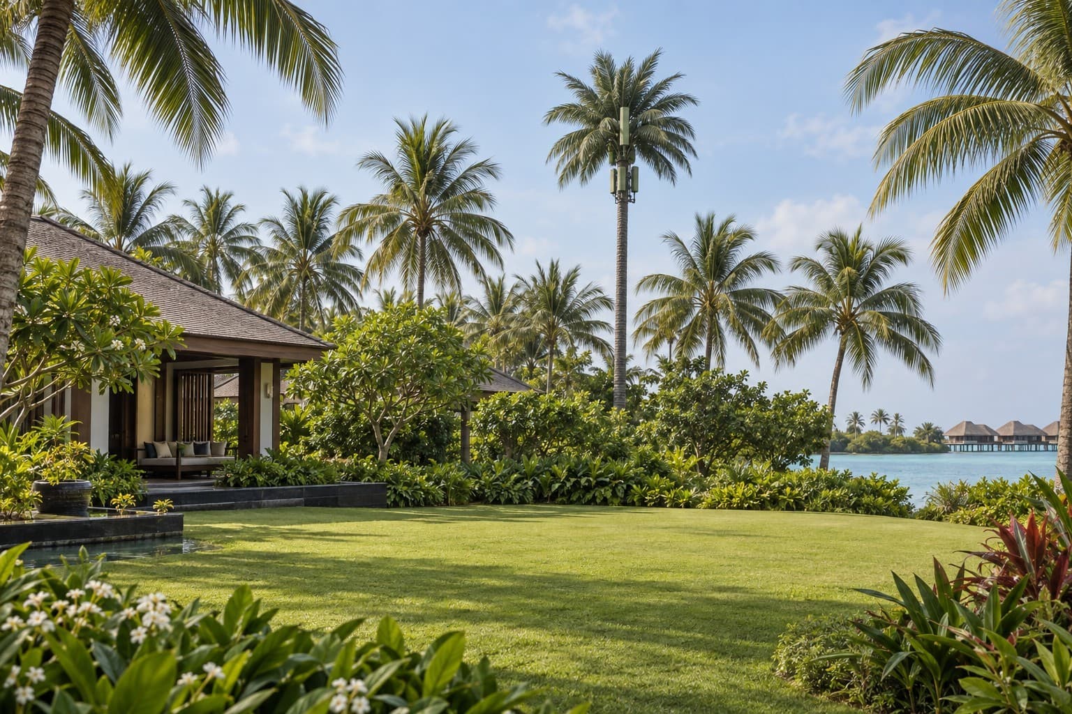 Illustrative render of a single palm-form telecom tower in a resort garden beside a villa