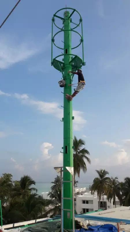 Rishthaa technician climbing a green monopole tower