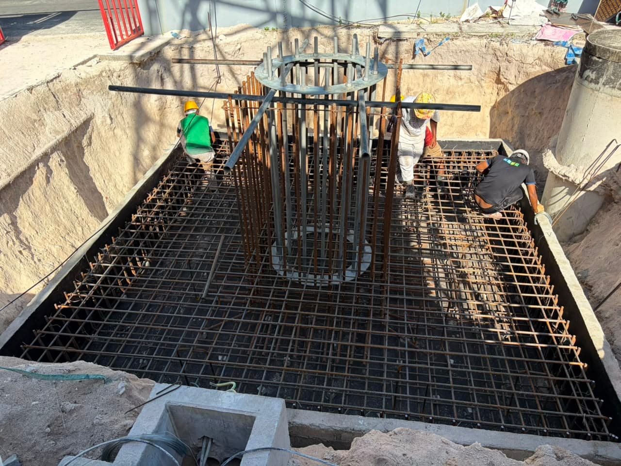 Monopole foundation anchor cage and rebar prepared by Rishthaa crew